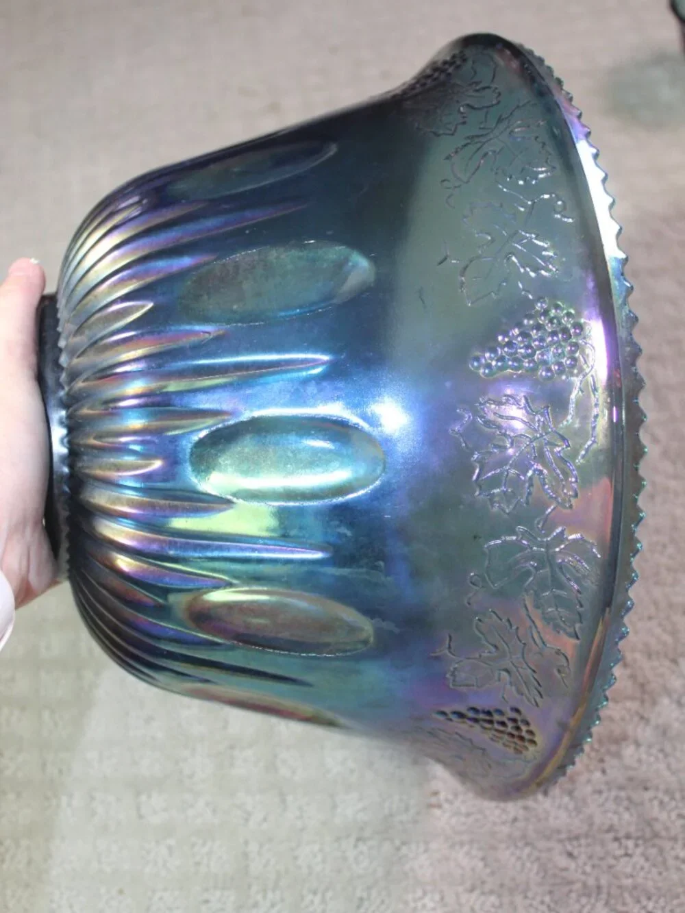 Vintage Indiana Glass Co Iridescent Blue Carnival Glass Punch Bowl & 12 Glasses